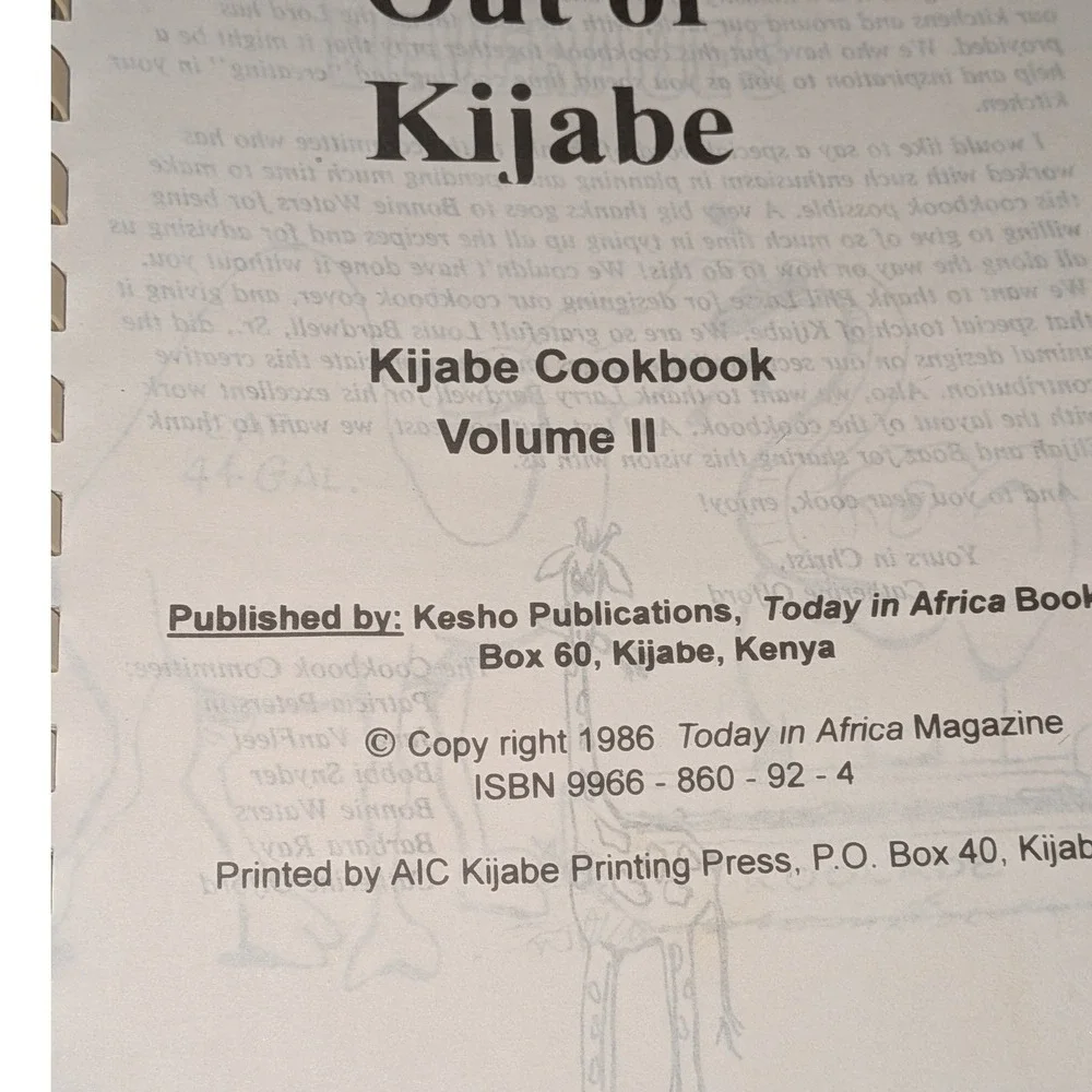 Out of Kijabe Cookbook Volume II Place of the Wind Kenya 1986 Vintage Spiral